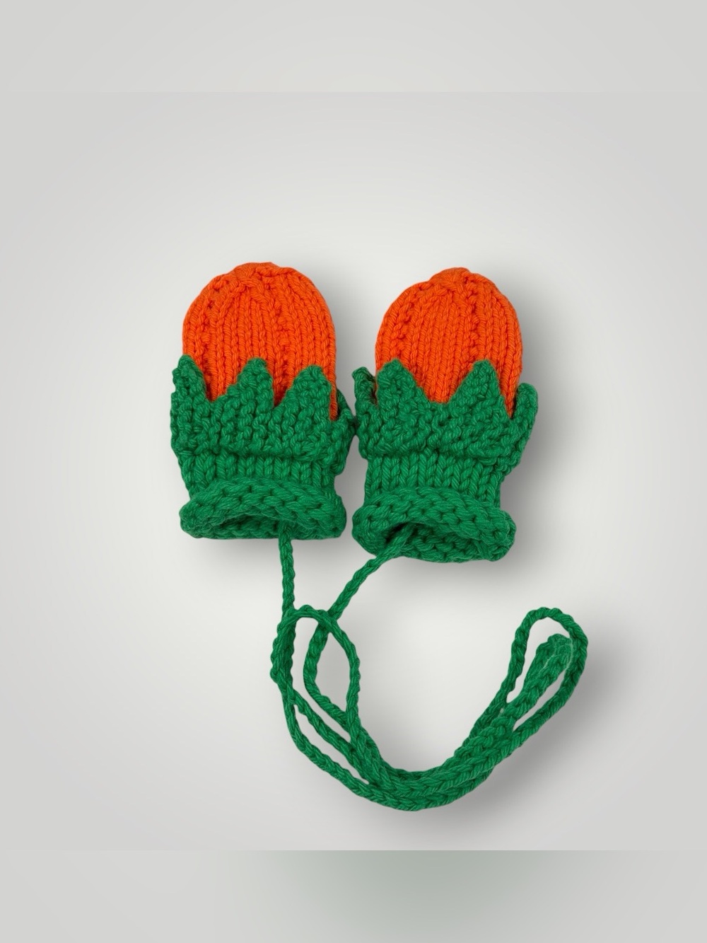 Hand-Knit Orange & Green Kids Mittens with Attached String  0-12 Months - Picture 4 of 10